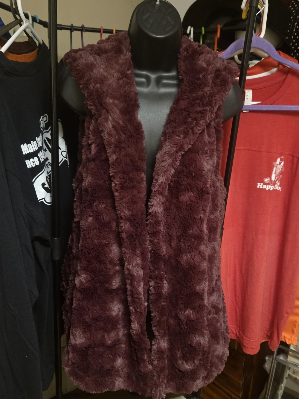 True Grit Plush Faux Fur Hooded Vest - Burgundy Plum